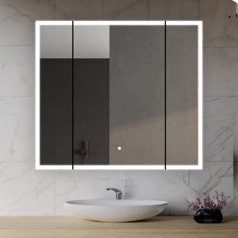 AQUADOM Edge Royale 36W Bathroom Led Lighted Medicine Cabinet Defogger, 3X LED Adjustable Magnifying Mirror, Electrical Outlets