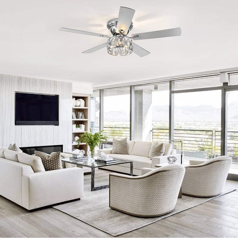 52 inch 5-Blade Flush Mount Crystal Ceiling Fan with Light Remote