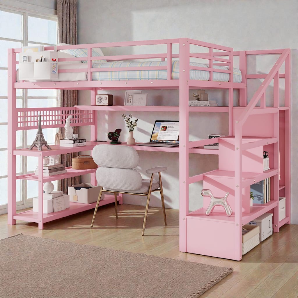 Full Size Metal Loft Bed with Staircase Storage, Wardrobe, L-Shaped Desk, Shelves, LED Lights and USB Charging Station