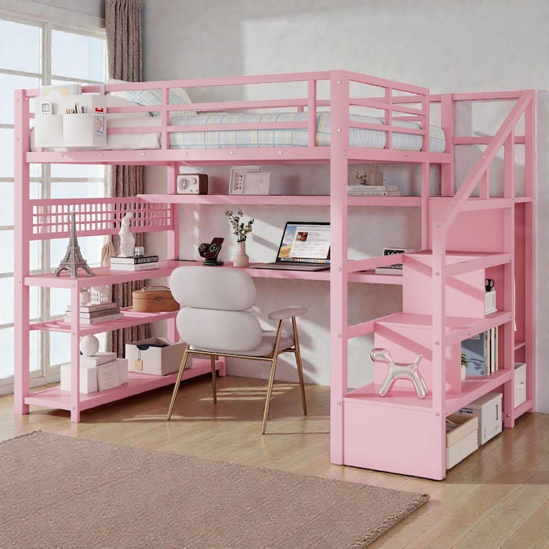 Full Size Metal Loft Bed with Staircase Storage, Wardrobe, L-Shaped Desk, Shelves, LED Lights and USB Charging Station - Pink - Full