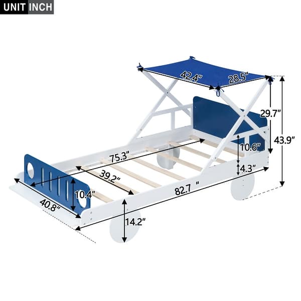 White+Blue Playful Twin Car Platform Bed, Ceiling Cloth, Storage Shelf, Wheel Legs