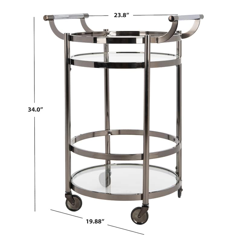 SAFAVIEH Sienna 2 Tier Round Bar Cart-Black Nickel / Glass. - 24" W x 20" D x 34" H