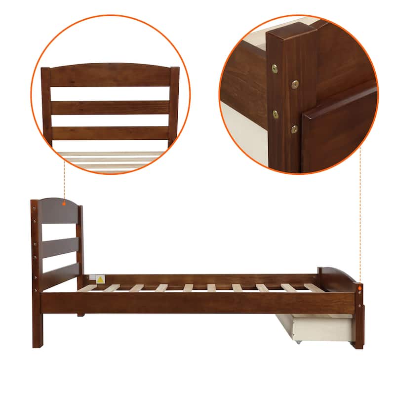 Twin Size Platform Bed Solid Pinewood Slat Bed Frame with Storage Drawer, Headboard and Wood Slat Support for Bedroom