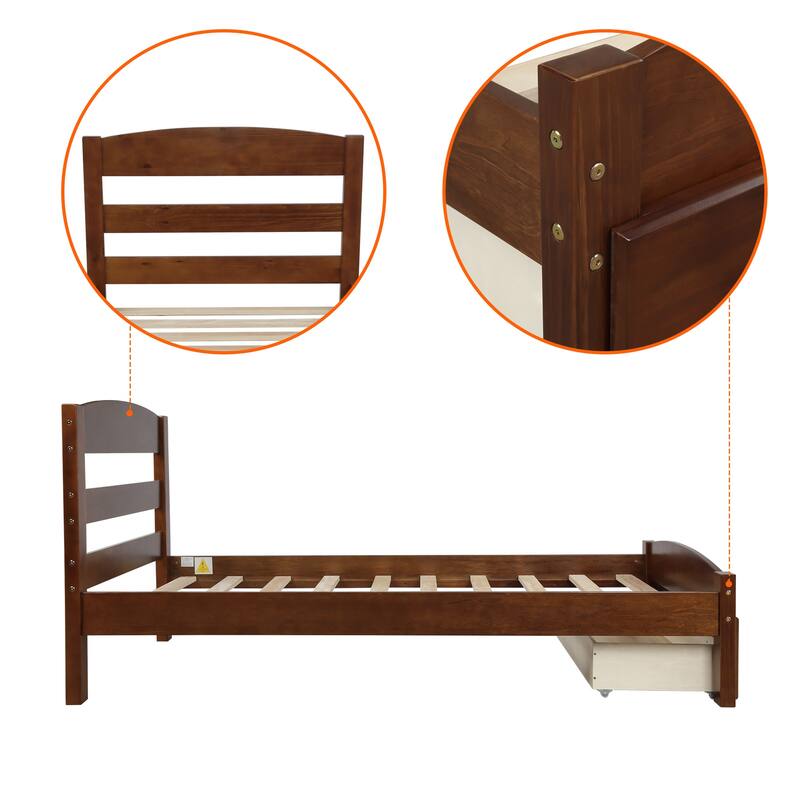 Twin Size Platform Bed with Storage Drawer and Slat Support - Classic Wood Frame