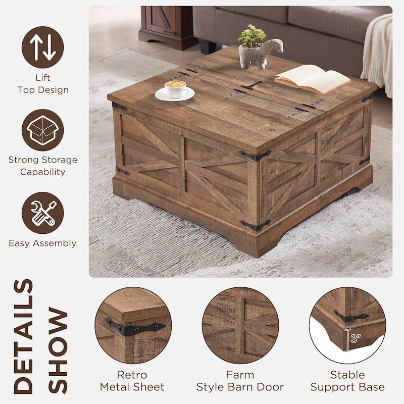 Farmhouse Lift Top Coffee Table with Storage, Wood Square Center Table