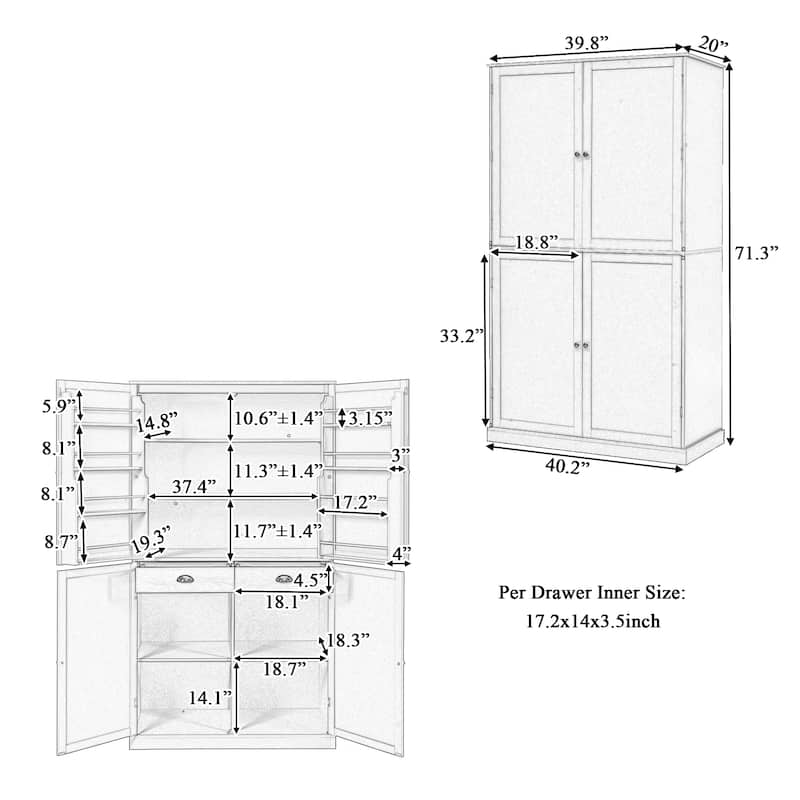 Freestanding Kitchen Pantry Cabinet, Storage Cabinet with 8 Door Shelves & 2 Drawers, Buffet Cabinet with 2 Adjustable Shelves