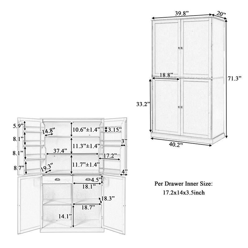 Kitchen Pantry with 2 Drawers, 2 Adjustable Shelves and 8 Door Shelves