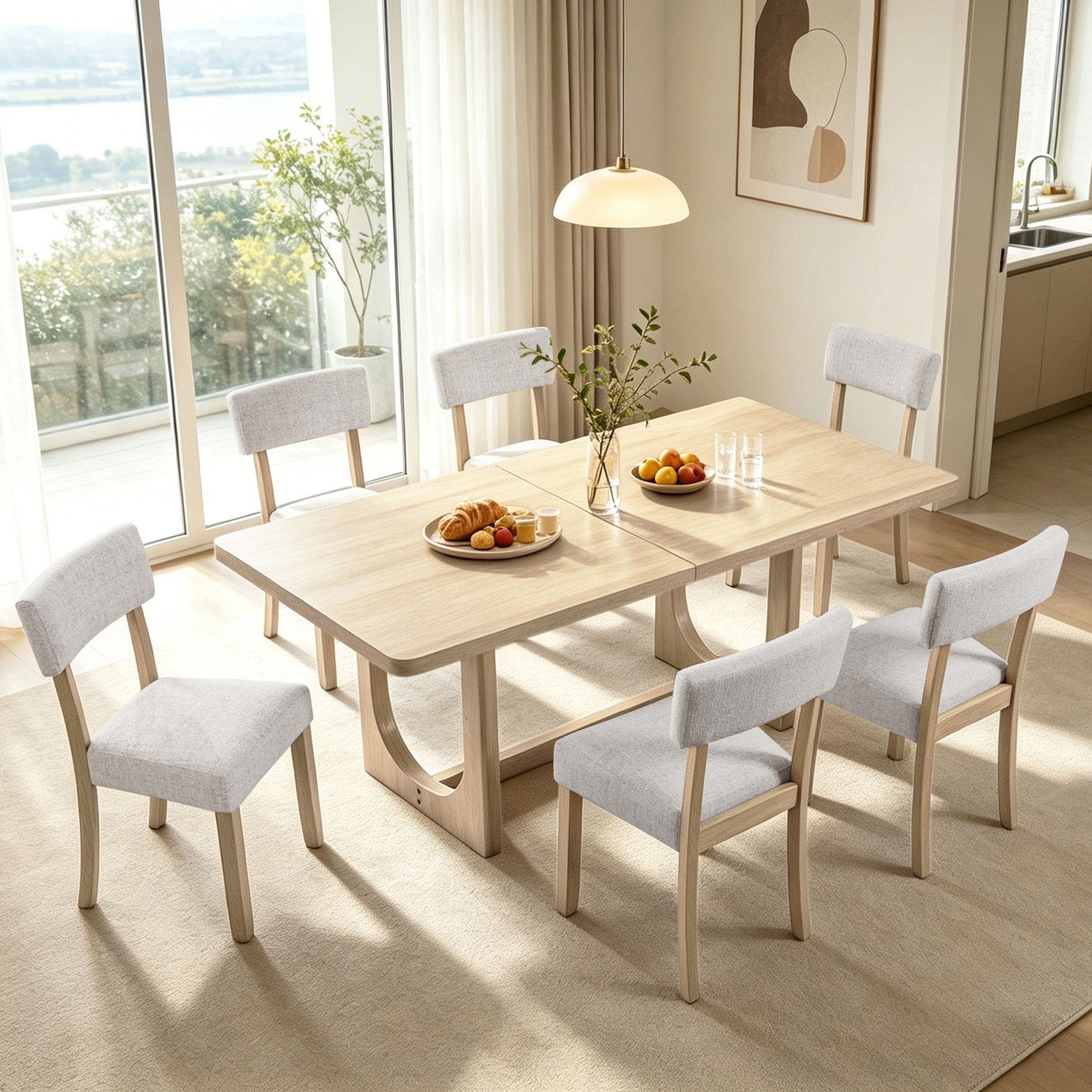 7-Piece Dining Table Set for 6, 68 Inch Light Oak Rectangular Table with 6 Ergonomic Linen Upholstered Chairs