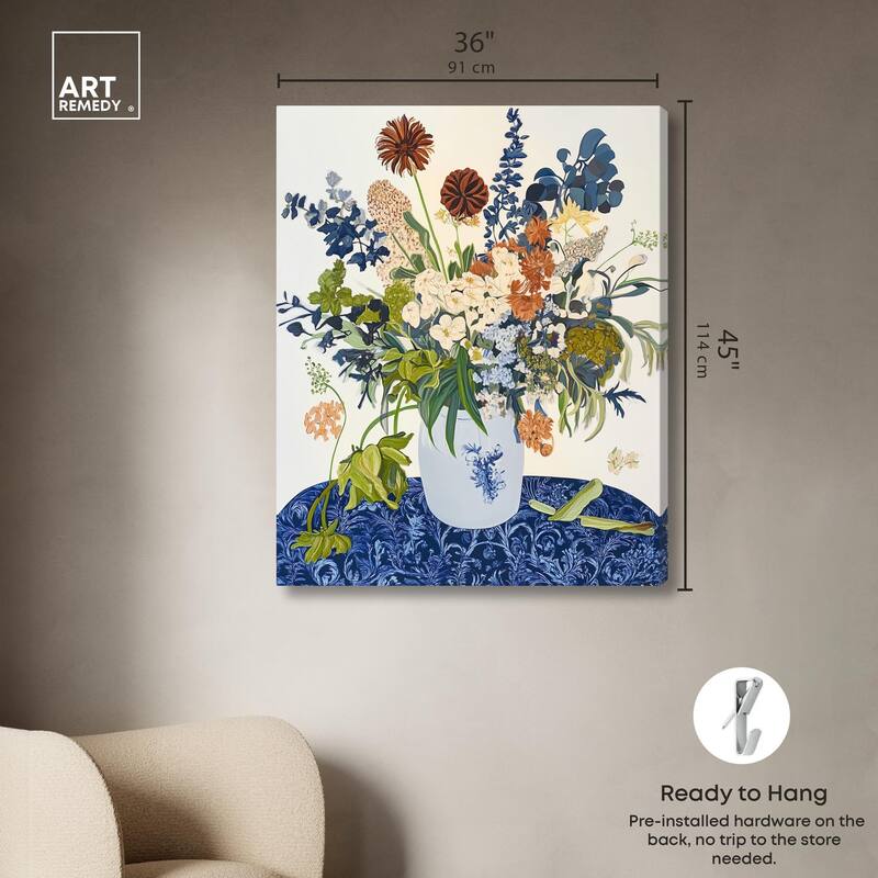 Dahlia Dream in Delft Blue Canvas by Art Remedy, Gallery Wrapped