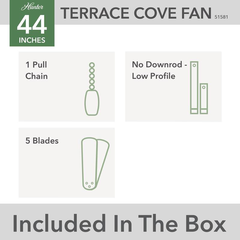 Hunter 44" Terrace Cove Outdoor Low Profile Ceiling Fan and Pull Chain, Damp-Rated