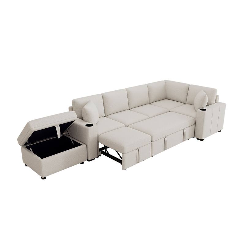 Convertible Sectional Sofa with Pull-out Sofa Bed and Dual Cup Holders