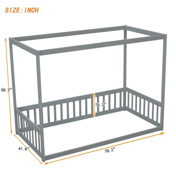 dimension image slide 0 of 3, Twin Size Canopy Frame Floor Bed with Fence, Guardrails