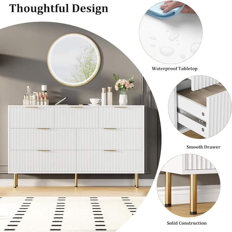 7 Drawer Dresser for Bedroom, Fluted Chest with Gold Handle, Wood Organizer for Closet, Living Room, Hallway