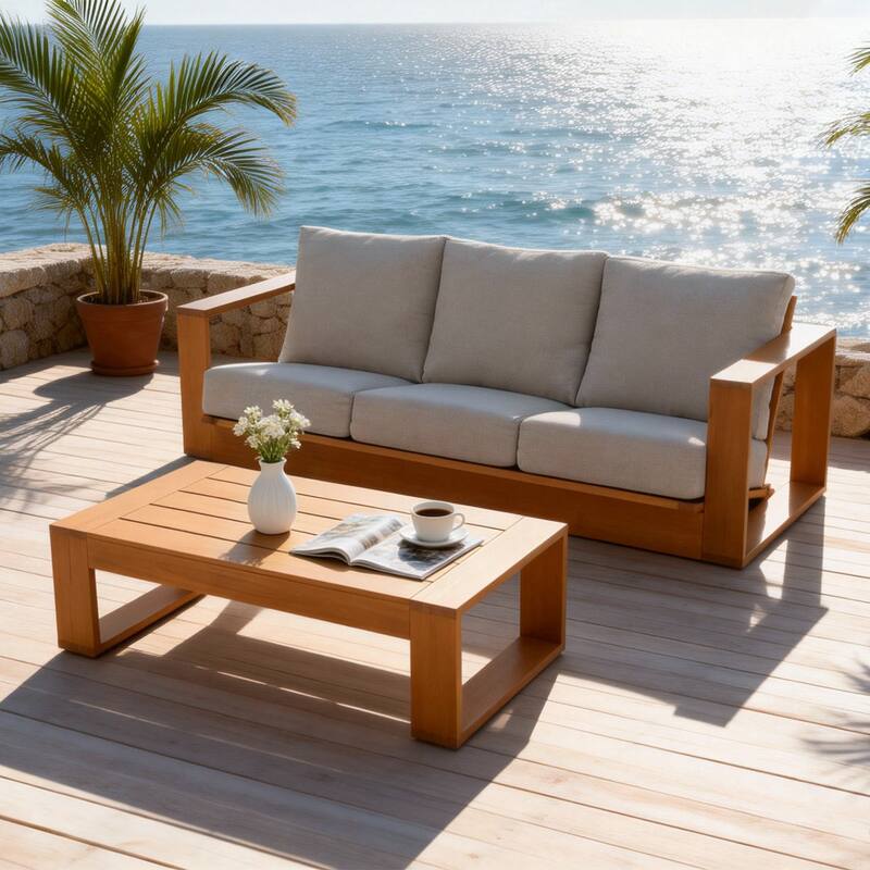 Outdoor Conversation Set 2-Piece Eucalyptus Wood 3-Seater Sofa Weather‑resistant Rope Weave with Coffee Table