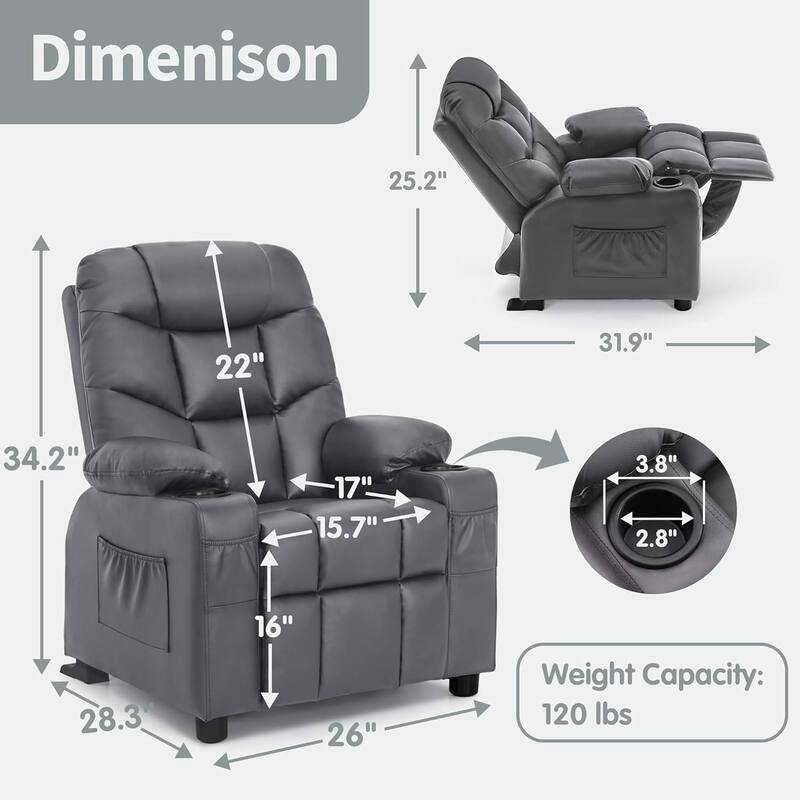 MCombo Big Kids Recliner Chair with Cup Holders - 28.3"(L)x26.0"(W)x34.2"(H)