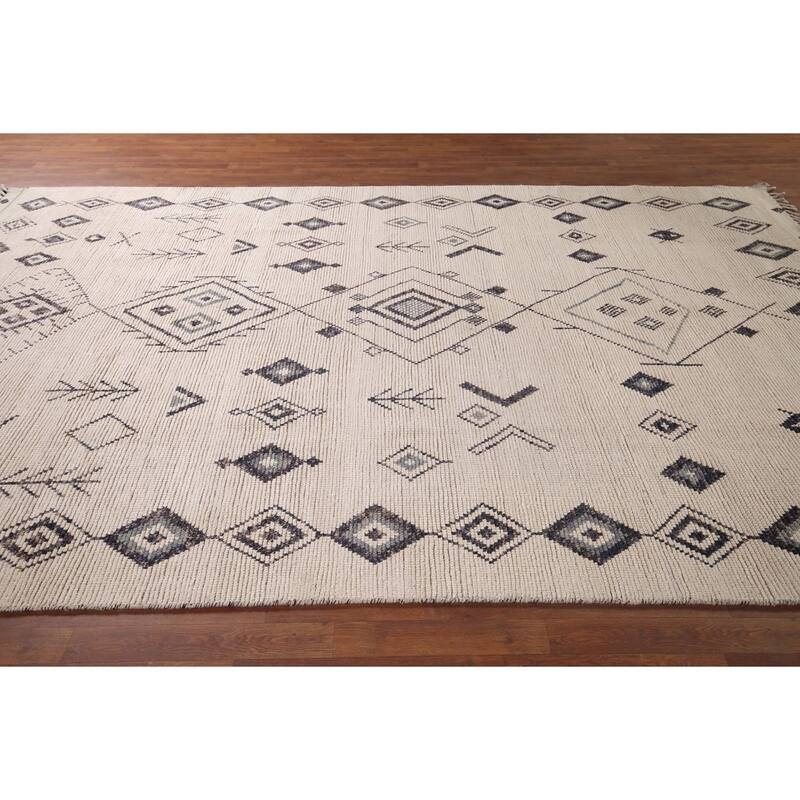 Ivory Moroccan Area Rug Hand-Knotted Wool Carpet - 7'10"x 11'9"