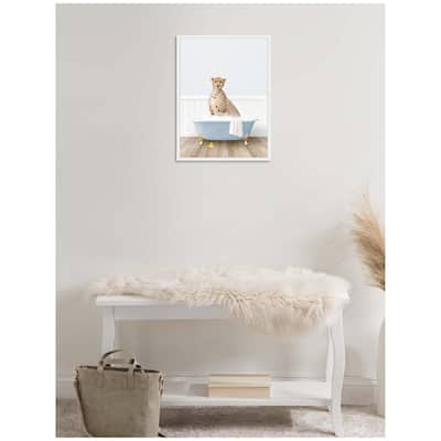 Kate and Laurel Sylvie Cheetah in Cottage Blue Bathtub Framed Canvas by Amy Peterson
