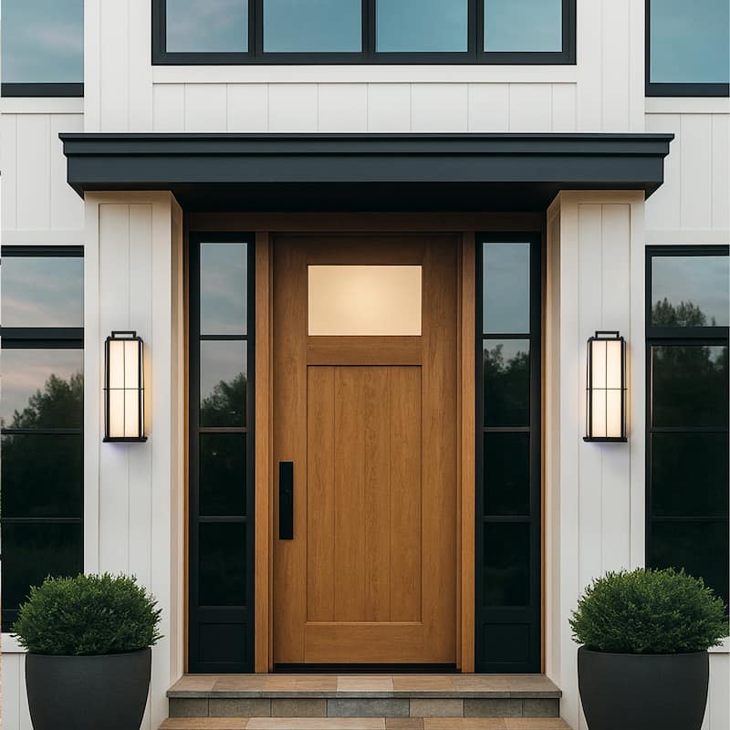 16 in. Black Outdoor Integrated 16W LED Wall Lantern with Frosted Panels and Dusk-to-Dawn Sensor for Porch & Garage - W5''