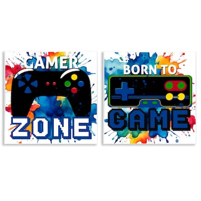 Stupell Gamer Zone on Splash Wall Plaque Art Design By Kim Allen (Set of 2)