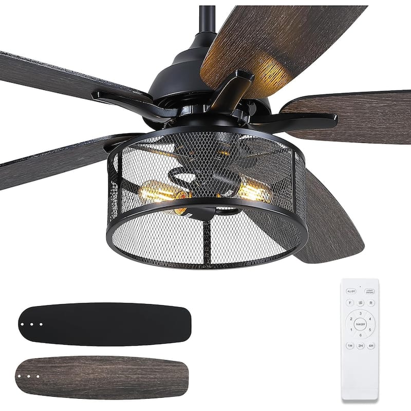 48"/56" Modern Caged Chandelier Ceiling Fan with Remote,Wood Grain Caged Fandelier DC Motor For Bedroom,Living Room - 48 Inches