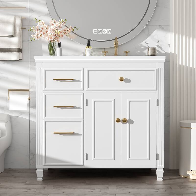 36" Bathroom Vanity with Ceramic Sink, Solid Wood Frame Storage Cabinet with Tip-Out Drawer & Cushioning Doors - White