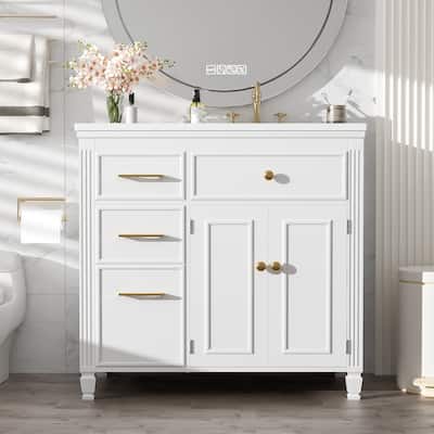 36" Bathroom Vanity with Sink, Ceramic Sink, One Tip-out Drawer, 3 Side Drawers, Adjustable Shelf