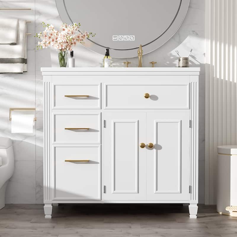 36-Inch Bathroom Vanity Set – Ceramic Vessel Sink with Tip-Out Drawer & 3-Side Storage‌. - White