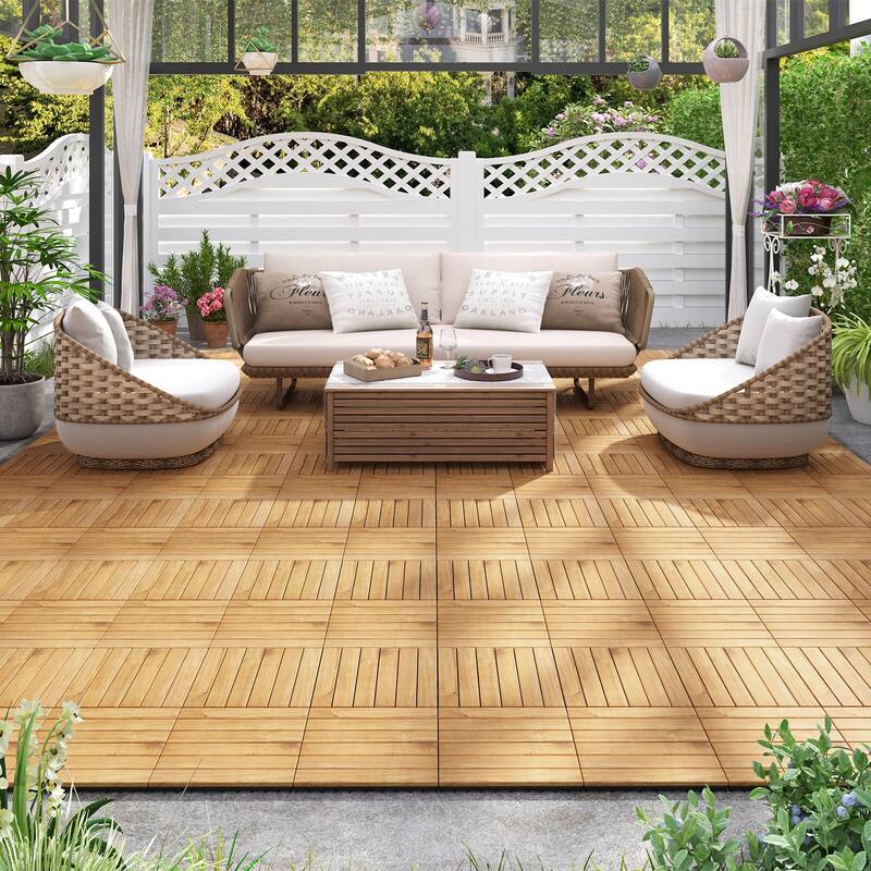 Costway 30 PCS Acacia Wood Flooring Tiles 12" x 12" Snap-in-place - See Details