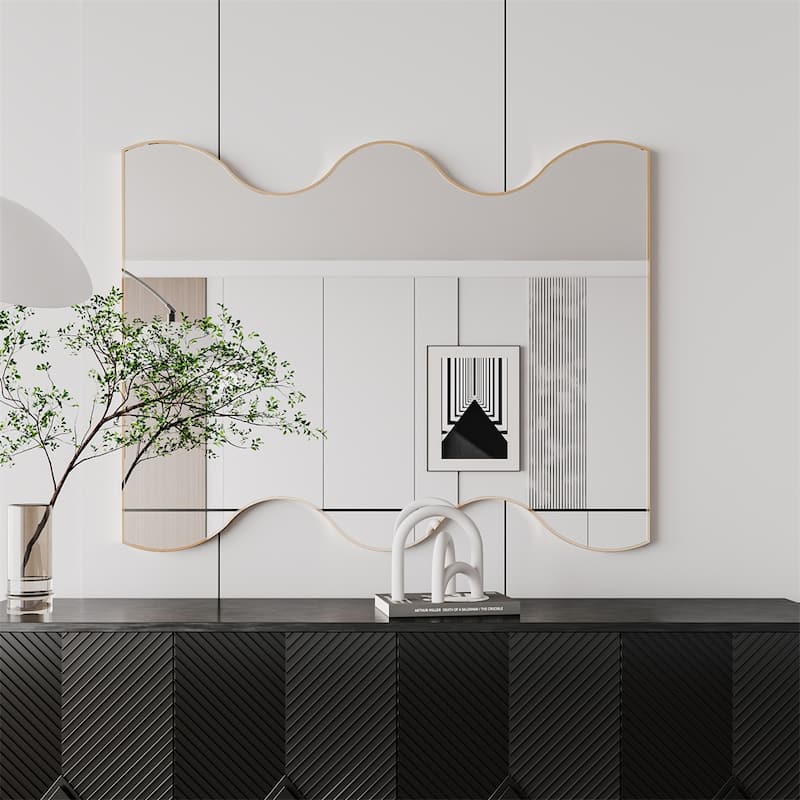 Golden Rectangular Wall Mirror with 2 Wavy Sides Metal Framed