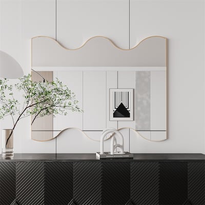 Golden Rectangular Wall Mirror with 2 Wavy Sides Metal Framed