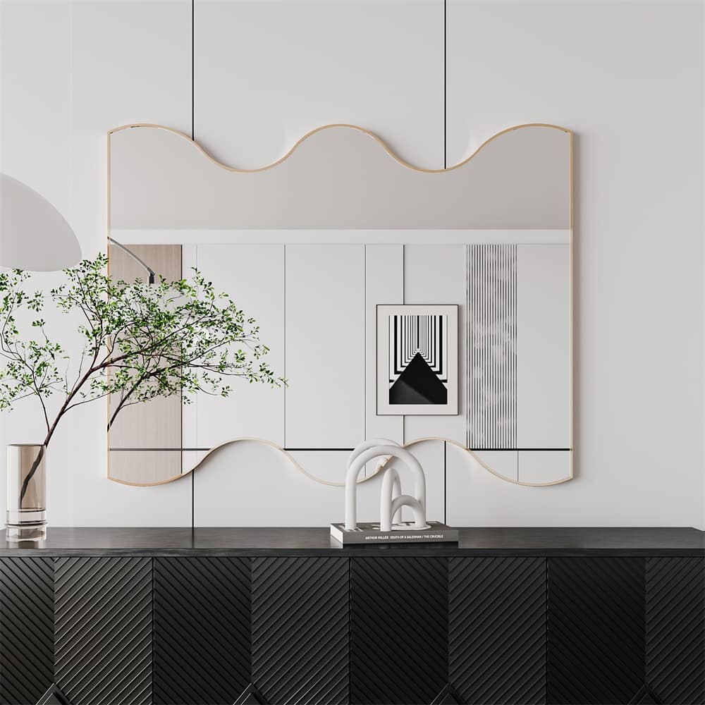 Golden Rectangular Wall Mirror with 2 Wavy Sides Metal Framed