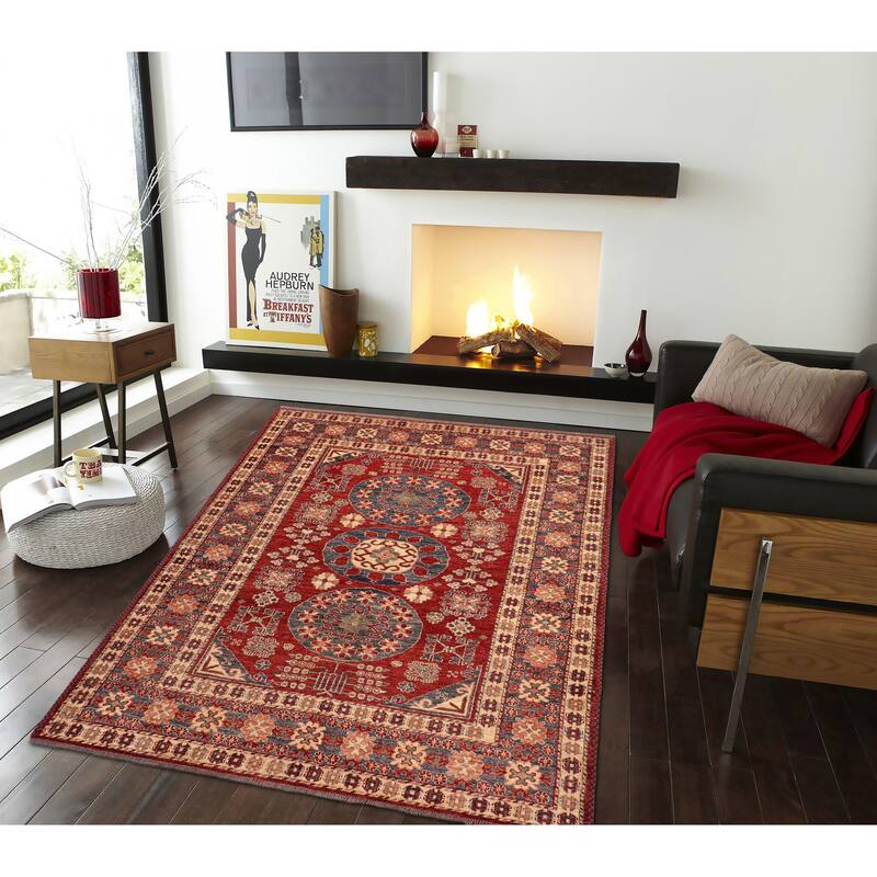 Southwestern Super Kazak Ezra Red/Blue Hand Knotted Wool Rug - 5'3'' x 6'3''
