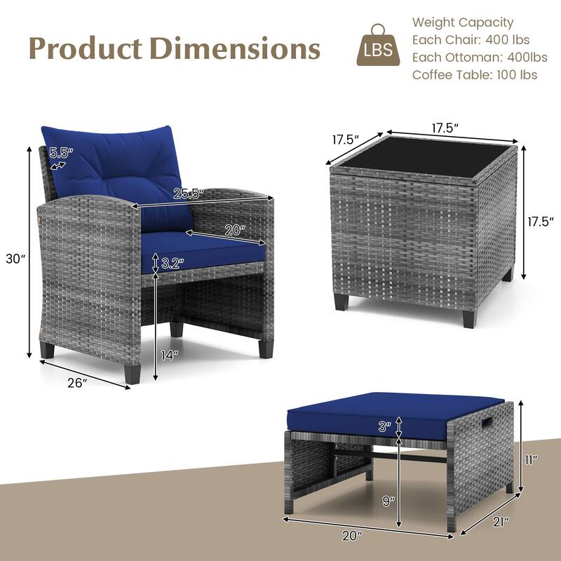 Gymax 5 PCS Rattan Furniture w/ 2 Ottomans & Tempered Glass Coffee