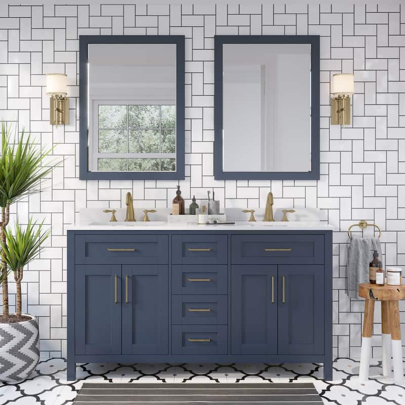 OVE Decors Tahoe 60 in Midnight Blue Double Sink Vanity with White Cultured Marble Top and Mirrors