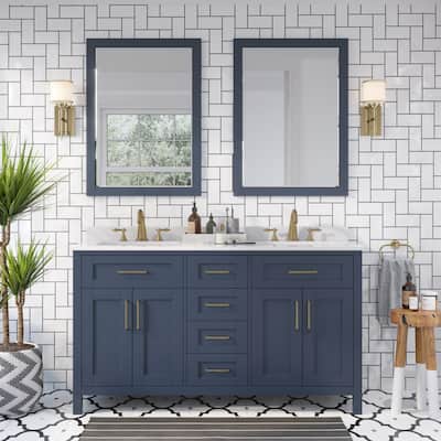 OVE Decors Tahoe 60 in Midnight Blue Double Sink Vanity with White Cultured Marble Top and Mirrors
