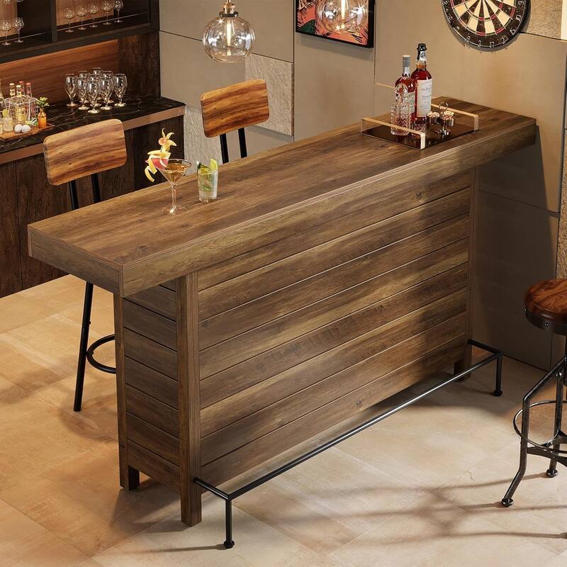 63" Wooden Rectangular Bar Table with Storage Shelves and Metal Footrest, Industrial 3-Tier Counter Height Pub Table