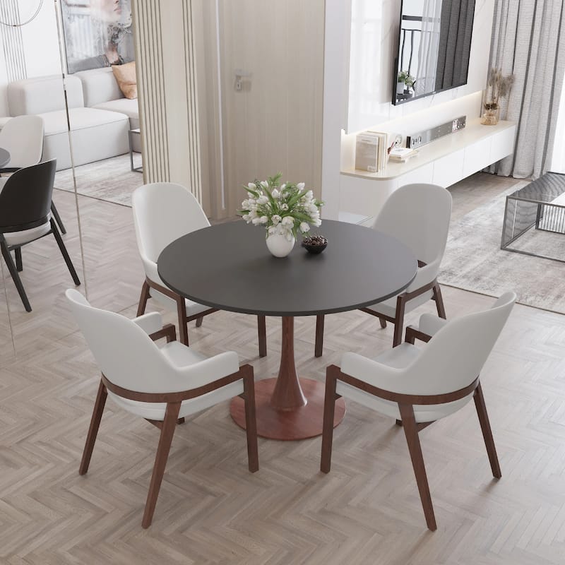 Bristol 35" Round Dining Table with MDF Top and Walnut Steel Pedestal Base for Modern Kitchen and Dining Room