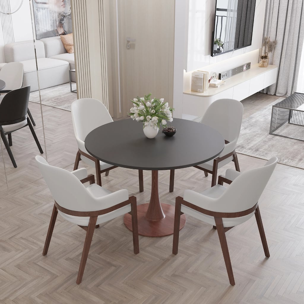 Bristol 35" Round Dining Table with MDF Top and Walnut Steel Pedestal Base for Modern Kitchen and Dining Room