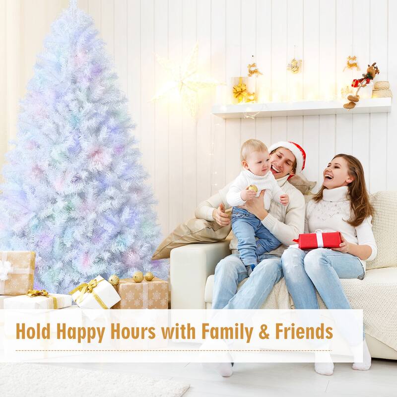 Gymax 6/7/8 FT White Artificial Christmas Tree Hinged Unlit Iridescent