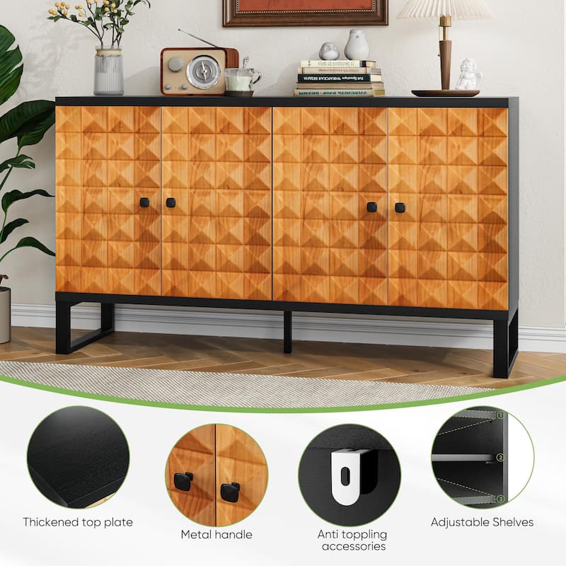55.4" Modern Sideboard Buffet Cabinet with Geometric Solid Wood Doors and Adjustable Shelves for Entryway or Dining