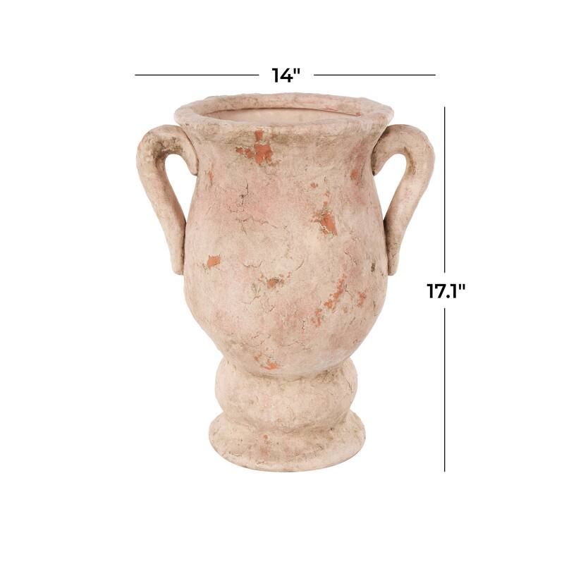 Cream or Pink Ceramic Antique Style Distressed Decorative Vase with Handles