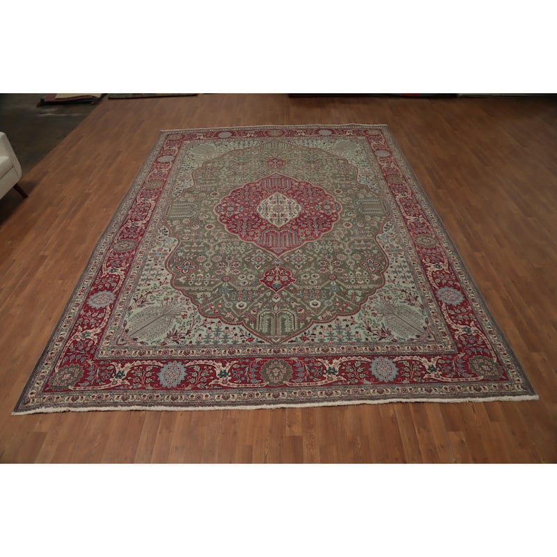 Hand Knotted Oriental 100% Wool Carpet Traditional Floral Greys & Charcoal Tabriz Area Rug - 13' 1'' X 9' 7''
