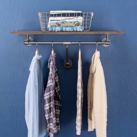 PIPE DECOR 36" Wall Mounted Clothing Rack with Wood Shelf and Industrial Steel Pipe