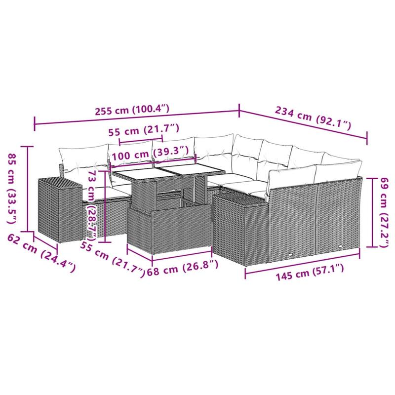 vidaXL Patio Sofa Set with Cushions Outdoor Furniture 9 Piece Poly Rattan - 24.4 x 24.4 x 27.2