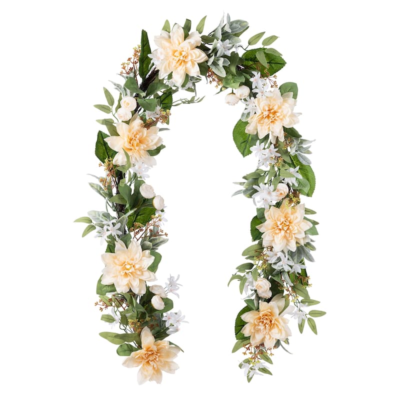 Glitzhome Peach Dahlia Floral Wreath Teardrop Garland - Garland