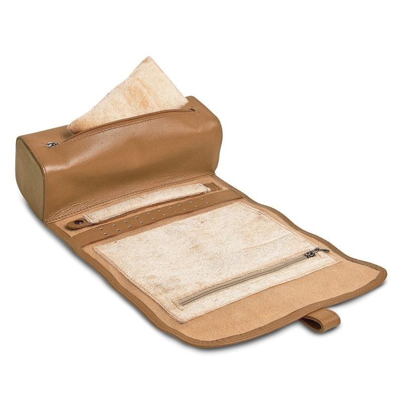 Curata Tan Leather Snap Strap Large Jewelry Roll with Watch/Bracelet Pillow