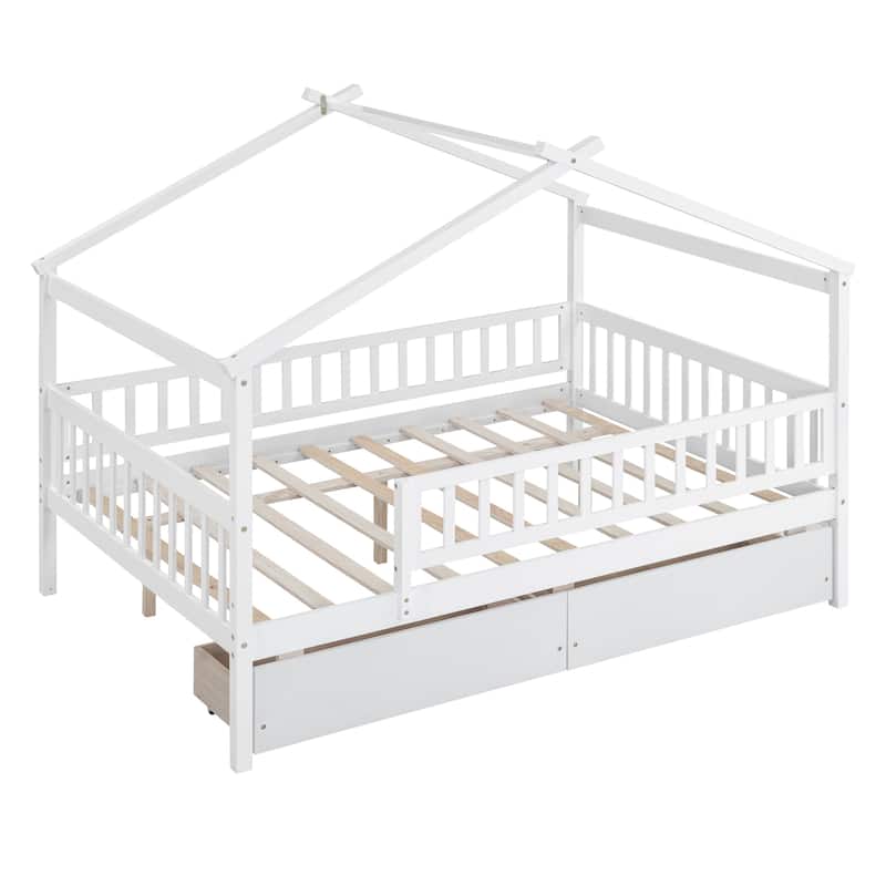 Kids Funny Canopy Bed Wooden Frame House Bed Full Size Platform Bed Daybed with Roof, Safety Guardrail and Drawers