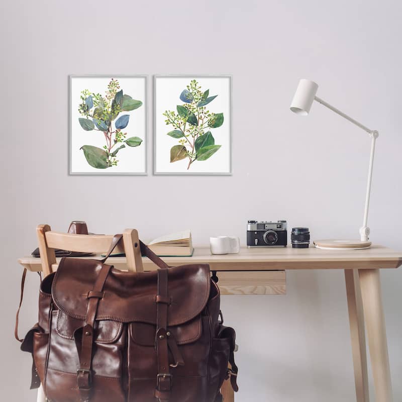 Stupell Soft Eucalyptus Plant Blue Green Ombre Leaves, 2pc Multi Piece Framed Wall Art Set