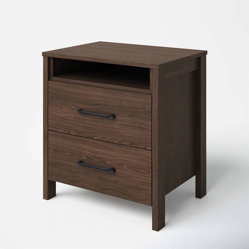Modern 2-Drawer Bedside Table Nightstand with Shelf Wood Minimalist Bedroom Furniture - Brown