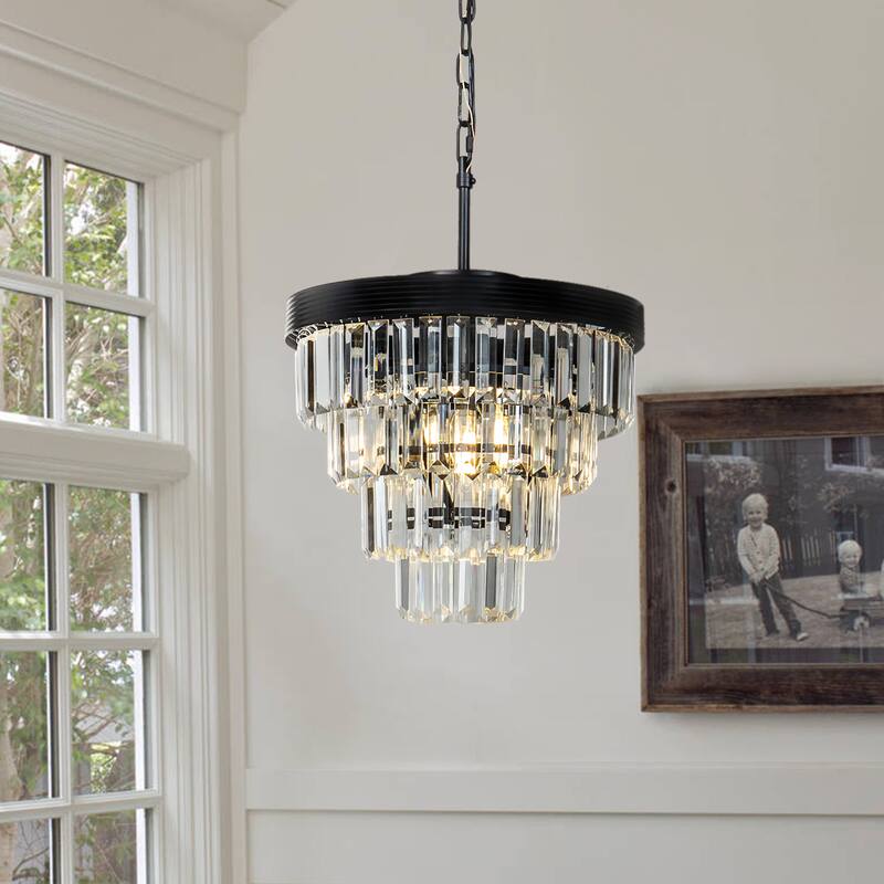 3-Light 13" Cone Shape 4-Tier Crystal Chandelier - Matt Black